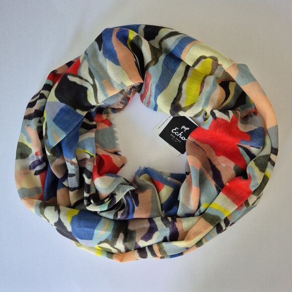 Echo NY Multi Color Abstract 100% Wool Infinity Fringe Scarf Womens 30 x 80 IN - Picture 1 of 8